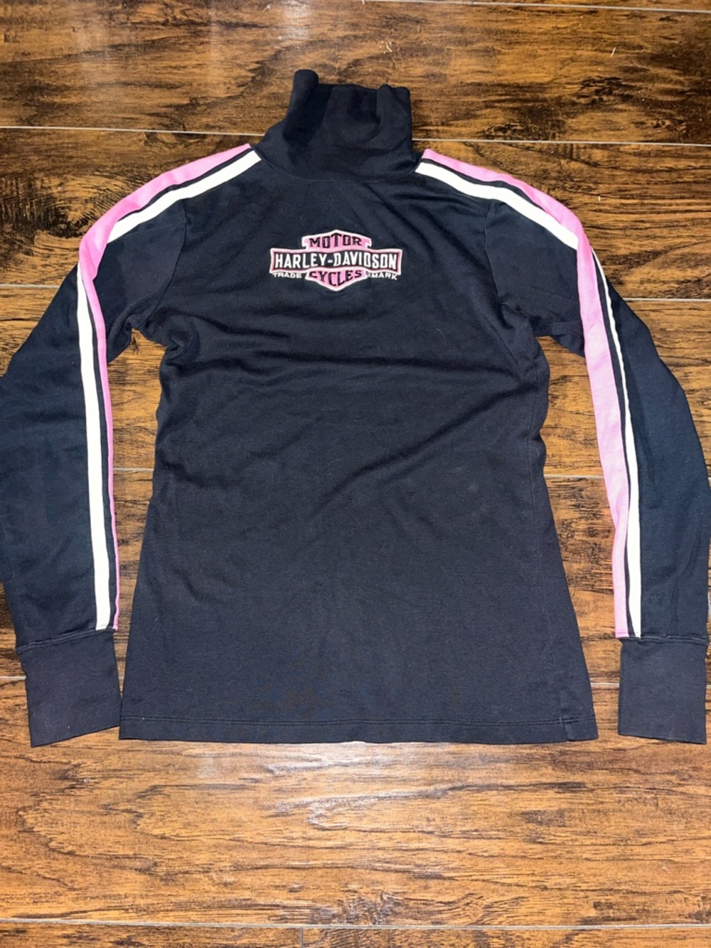 Harley-Davidson Black Turtleneck with Pink and White Sleeve Stripes